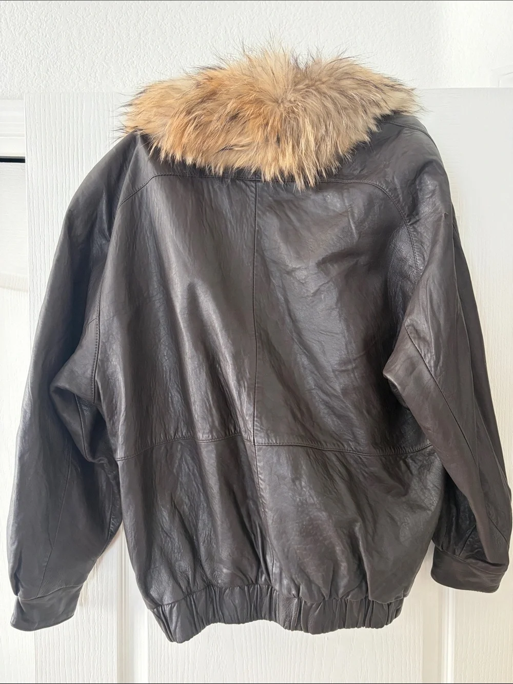 Vintage Women's Brown 100%Leather Jacket with Fur Trim, satin lining